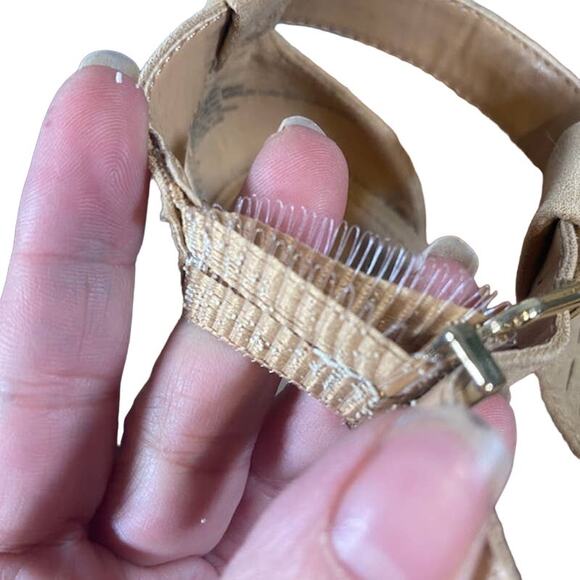 Express Tan Faux Suede Perforated Open Toe Ankle Strap Block Heel Women SZ 6 - Picture 9 of 14